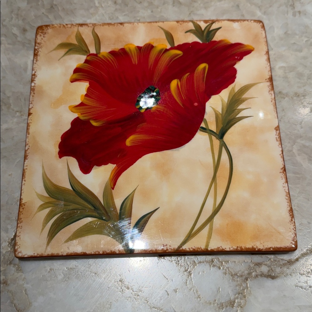 Pier 1 Poppies Earthenware Square Trivet 7" Square NWT Retired